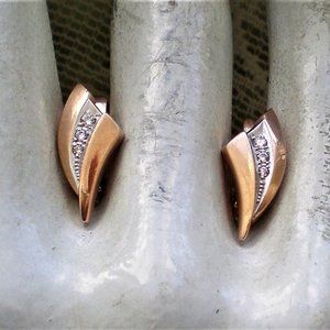 Russian Russia Solid 14K 585 Rose Pink Gold CZ Cluster V Design Pierced Earrings